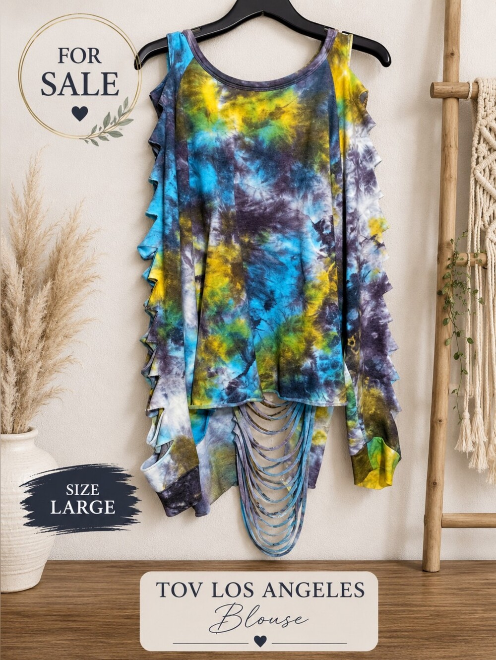 TOV Los Angeles Women’s Tie-Dye Ruffle-Sleeve Scoop Neck Sweater - Blue/Yellow